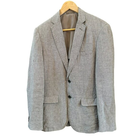 Maddison Men's Brown Houndstooth Two Button Linen Blazer Size 46 Summer Suit - Picture 1 of 7